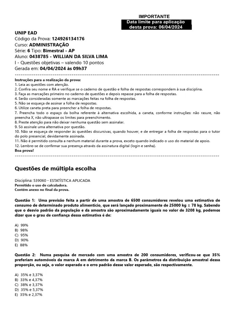 Prova Estatistica Aplicada | PDF | Desvio Padrão