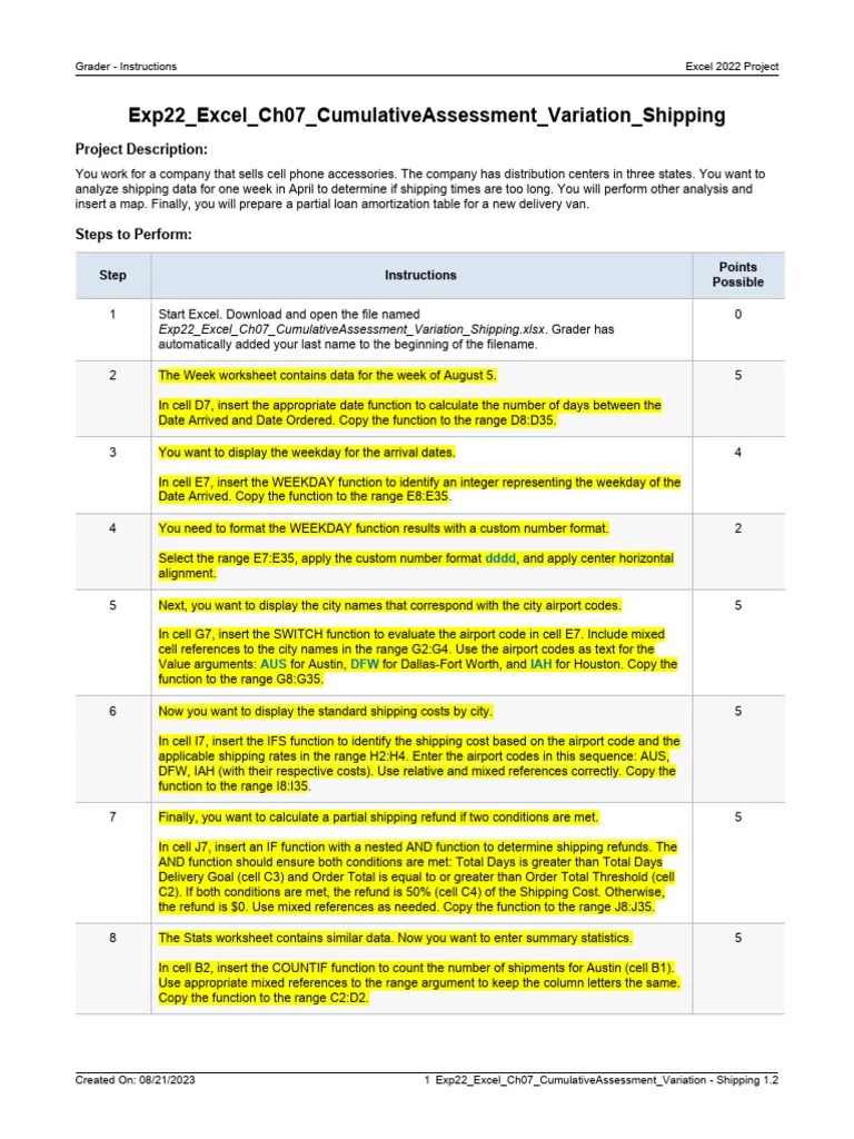 Exp22 Excel Ch07 CumulativeAssessment Variation Shipping Instructions | PDF