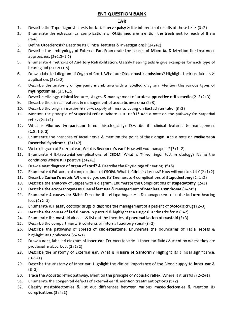 ENT Question Bank (PRINT) | PDF | Human Nose | Ear