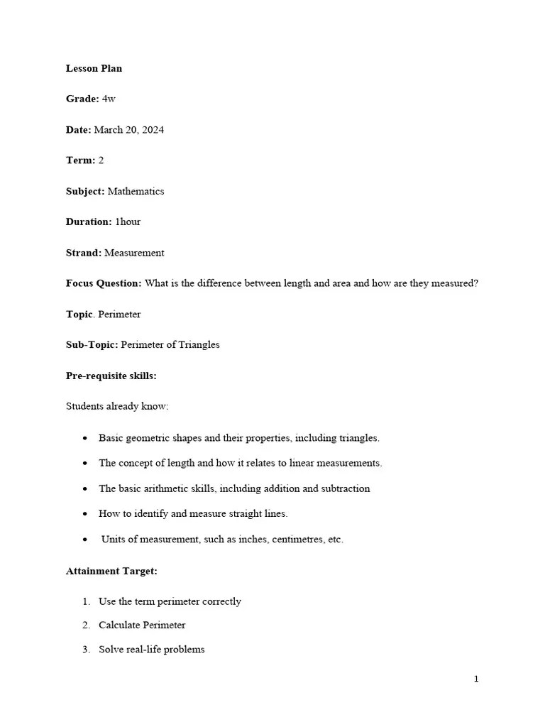 Lesson Plan Perimeter Pdf Triangle Reading Comprehension
