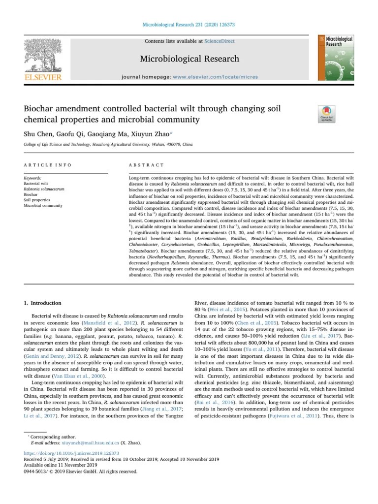 Biochar Amendment Controlled Bacterial Wilt Through Changing Soil ...