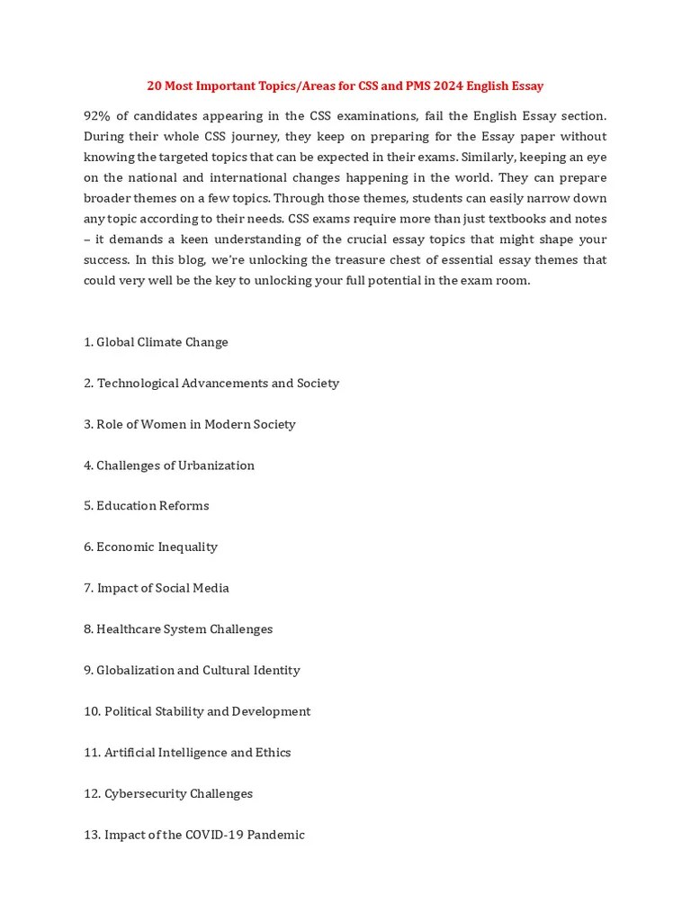 20 Most Important Topics For CSS And PMS 2024 English Essay | PDF