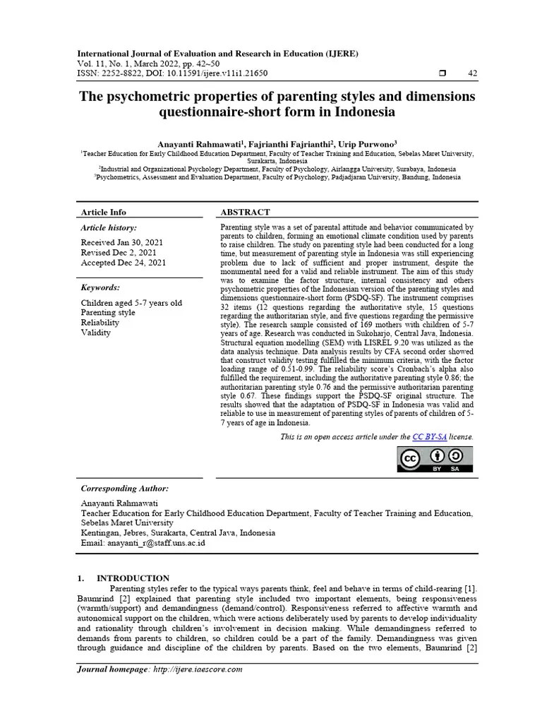 The Psychometric Properties Of Parenting Styles And Dimensions ...