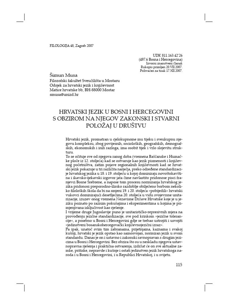 Simun Musa Hrvatski Jezik U BiH S Obzirom Na Njegov Zakonski I Stvarni Polozaj U Drustvu | PDF