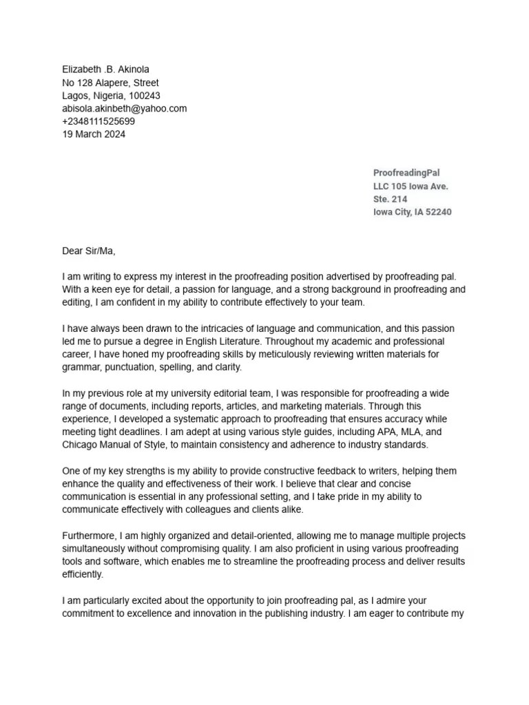 MY COVER LETTER | PDF | Proofreading | Editing