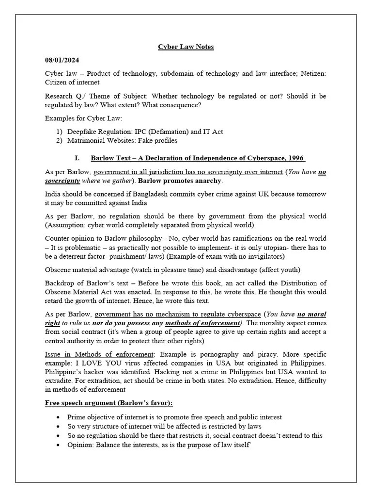 Cyber Law Notes | PDF | Minimum Contacts | Cyberspace