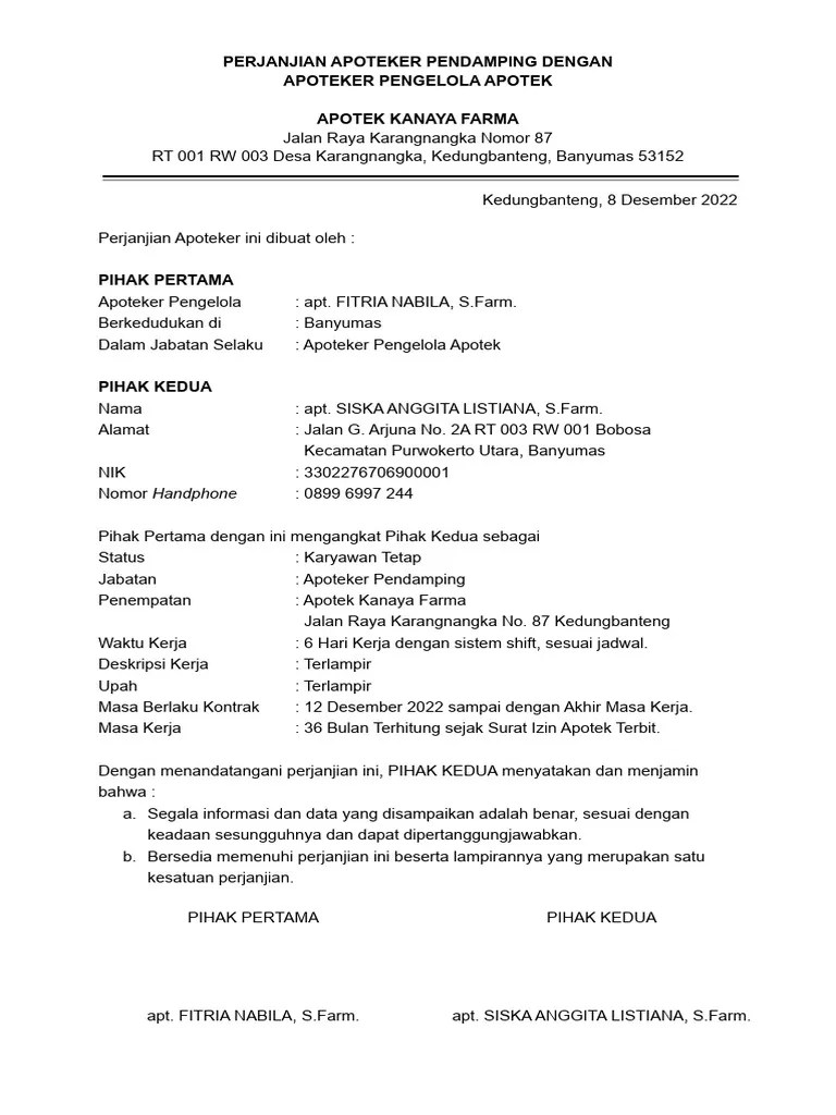 Perjanjian Apoteker Pendamping Dengan Pemilik Sarana Apotek | PDF
