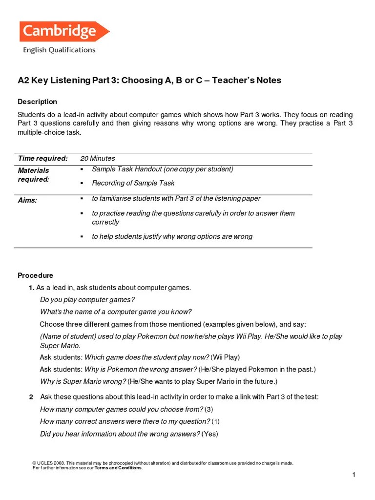 A2 Key Listening Part 3 | PDF | Question | Multiple Choice