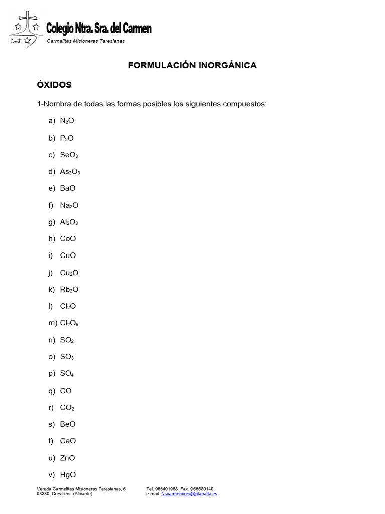 Ejercicios FORMULACIÓN INORGÁNICA (1) | PDF | Hidróxido | Ácido