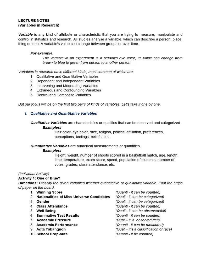 LECTURE NOTES (Types Of Variables) | PDF | Dependent And Independent ...