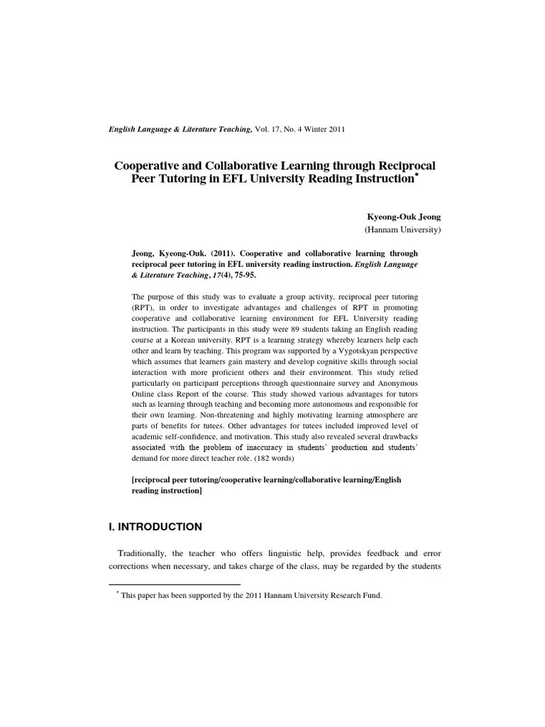 Cooperative And Collaborative Learning Through Reciprocal Peer Tutoring ...
