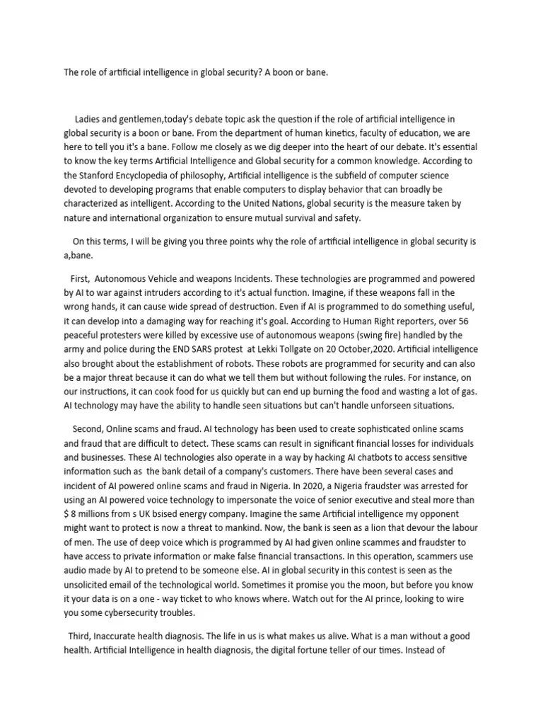 Speech On Role Of AI In Global Security | PDF | Artificial Intelligence ...