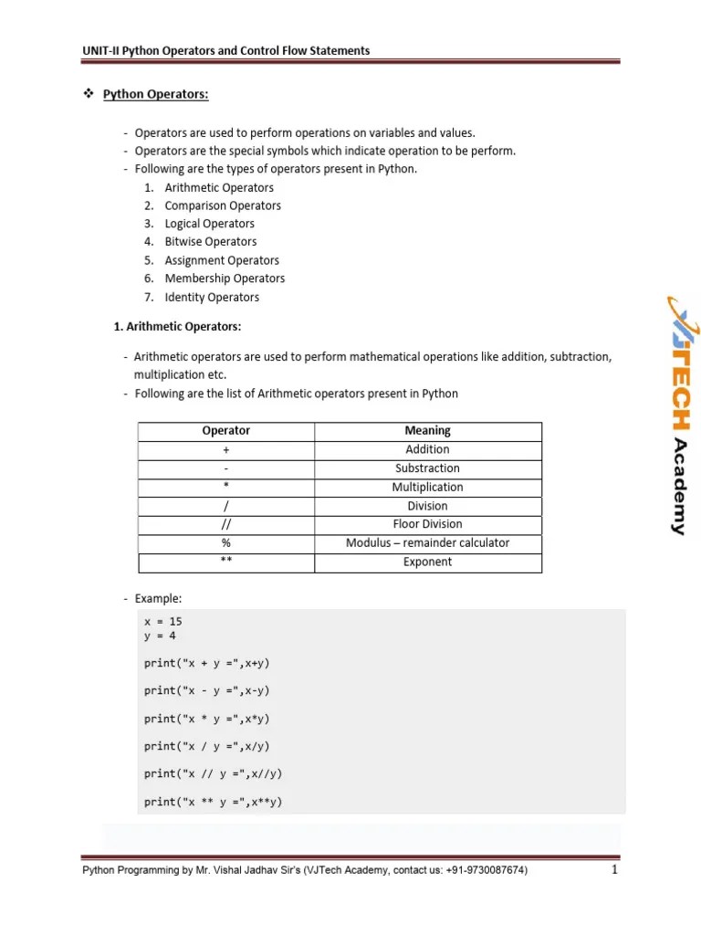 UNIT-II Python Operators And Control Flow Statements | PDF | Control ...