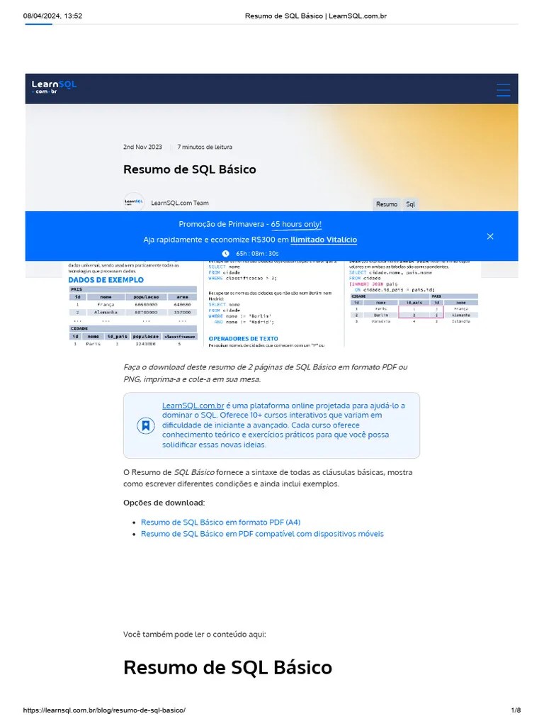 Resumo De SQL Básico BD | PDF | SQL | Bancos De Dados