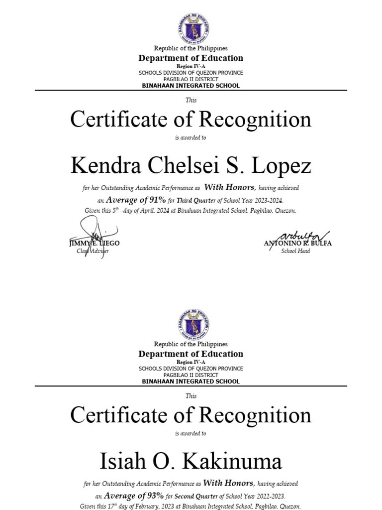 Certificate Of Recognition Academic | PDF | Government | Philippines
