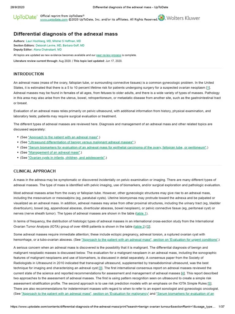 Differential Diagnosis Of The Adnexal Mass - UpToDate | PDF | Ovarian Cancer | Ovary