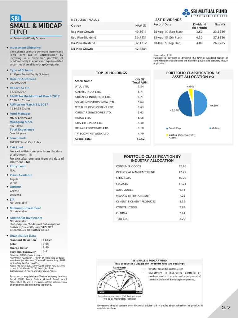 SBI Small And Mid Cap Fund Factsheet | PDF | Investing | Dividend