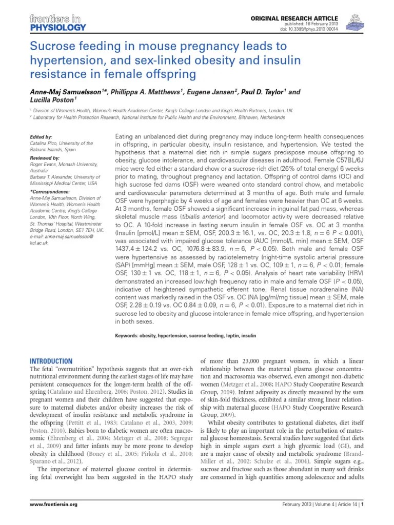 Sucrose Feeding In Mouse Pregnancy Leads To Hypertension, And Sex-Linked Obesity And Insulin ...