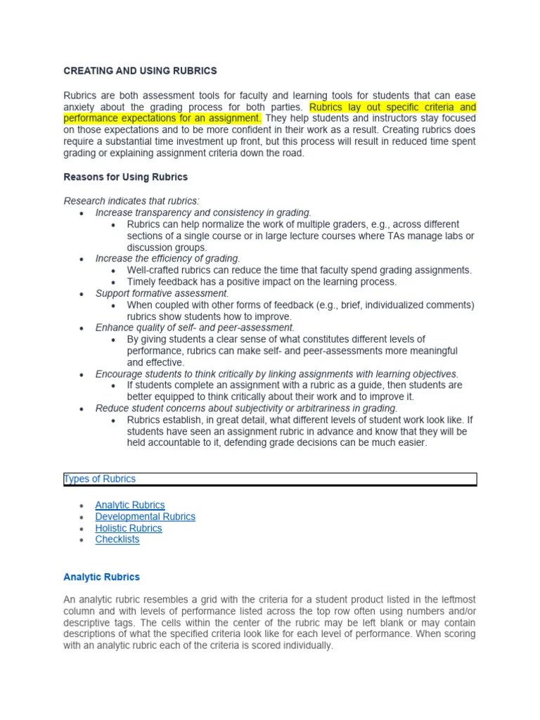 Creating And Using Rubrics | PDF | Rubric (Academic) | Identity (Social ...
