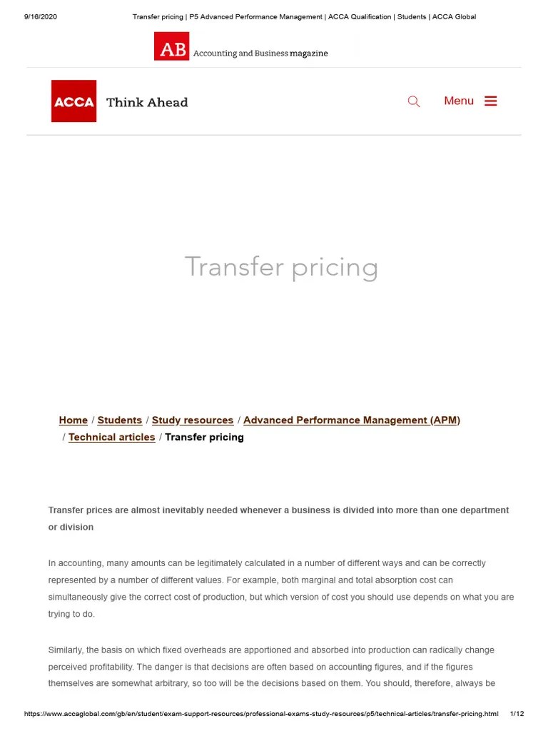 Transfer Pricing - P5 Advanced Performance Management - ACCA Qualification - Students - ACCA ...