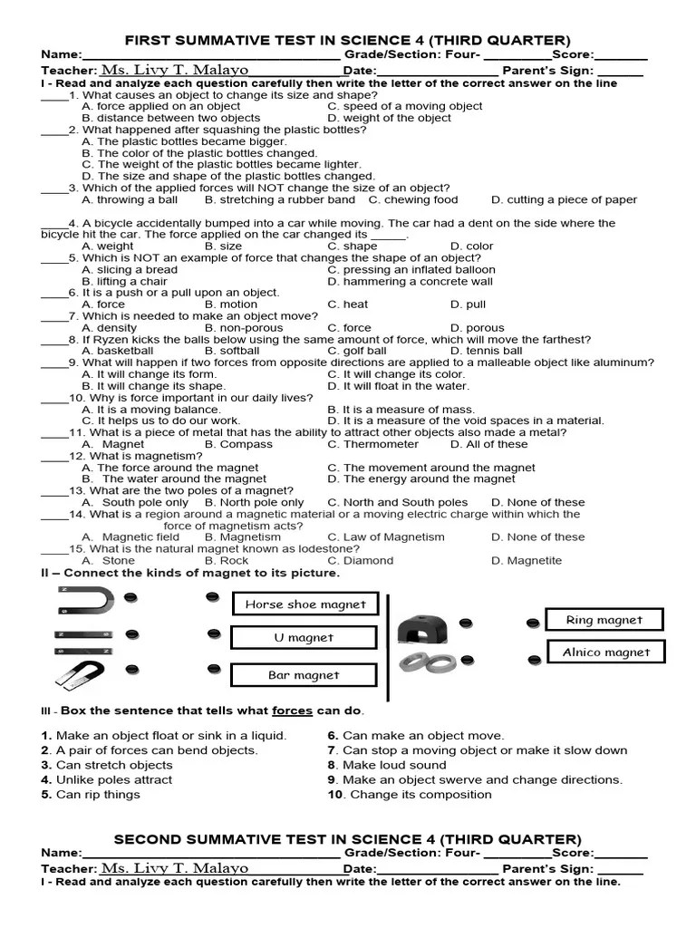 Science 4 Summative Test Forces Magnetism Pdf Light Refraction
