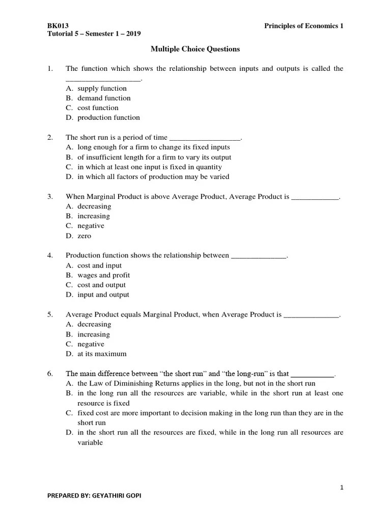 Tutorial 5 (principles Of Economics) | PDF | Production Function ...