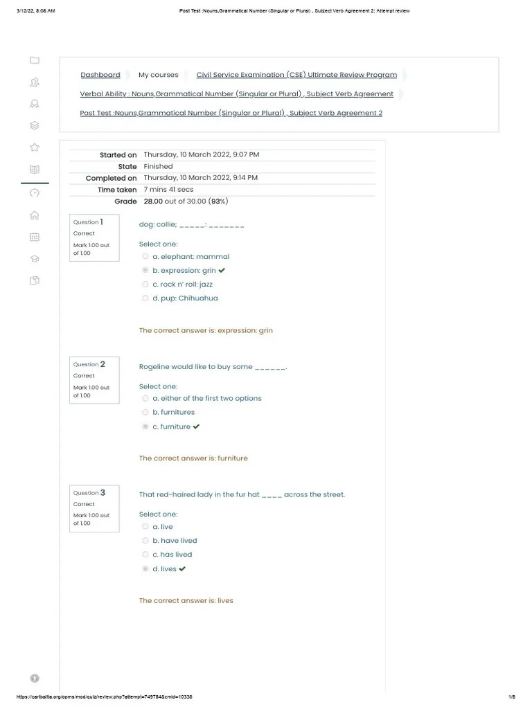 Post Test - Nouns, Grammatical Number (Singular Or Plural), Subject Verb Agreement 2 - Attempt ...