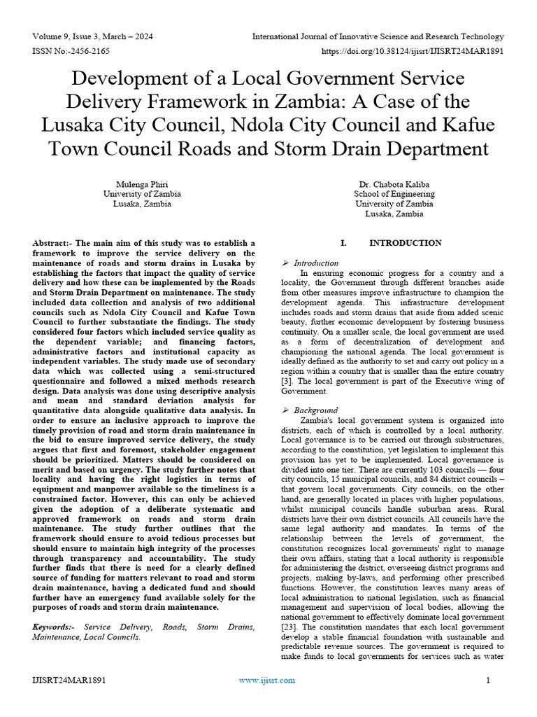 Development Of A Local Government Service Delivery Framework In Zambia: A Case Of The Lusaka ...