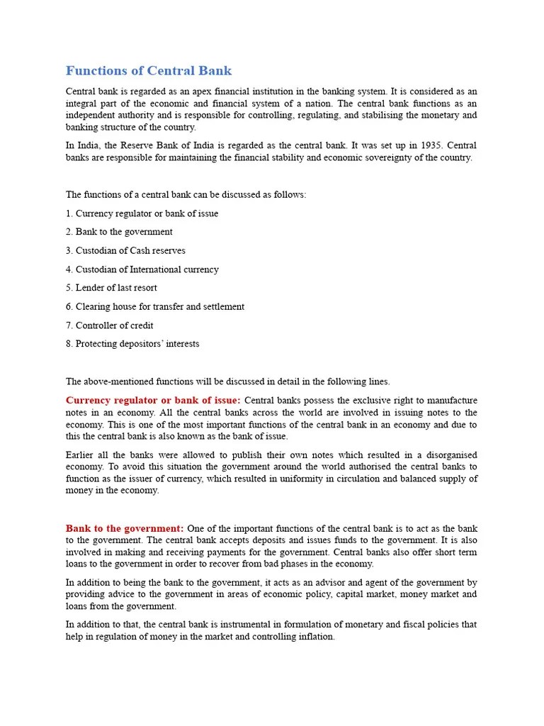 Functions Of Central Bank | PDF | Central Banks | Reserve Bank Of India