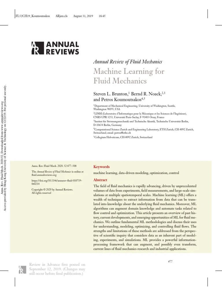 2020 - Machine Learning For Fluid Mechanics | PDF | Machine Learning | Data
