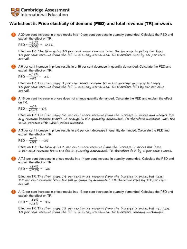 AO2 Worksheet 5 Price Elasticity Of Demand (PED) And Total Revenue (TR ...