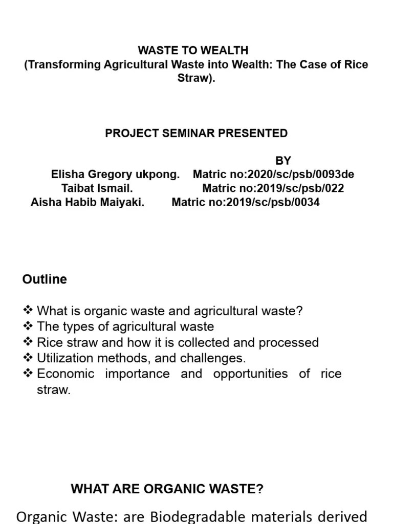 WASTE TO WEALTH (Transforming Agricultural Waste Into Wealth: The Case ...