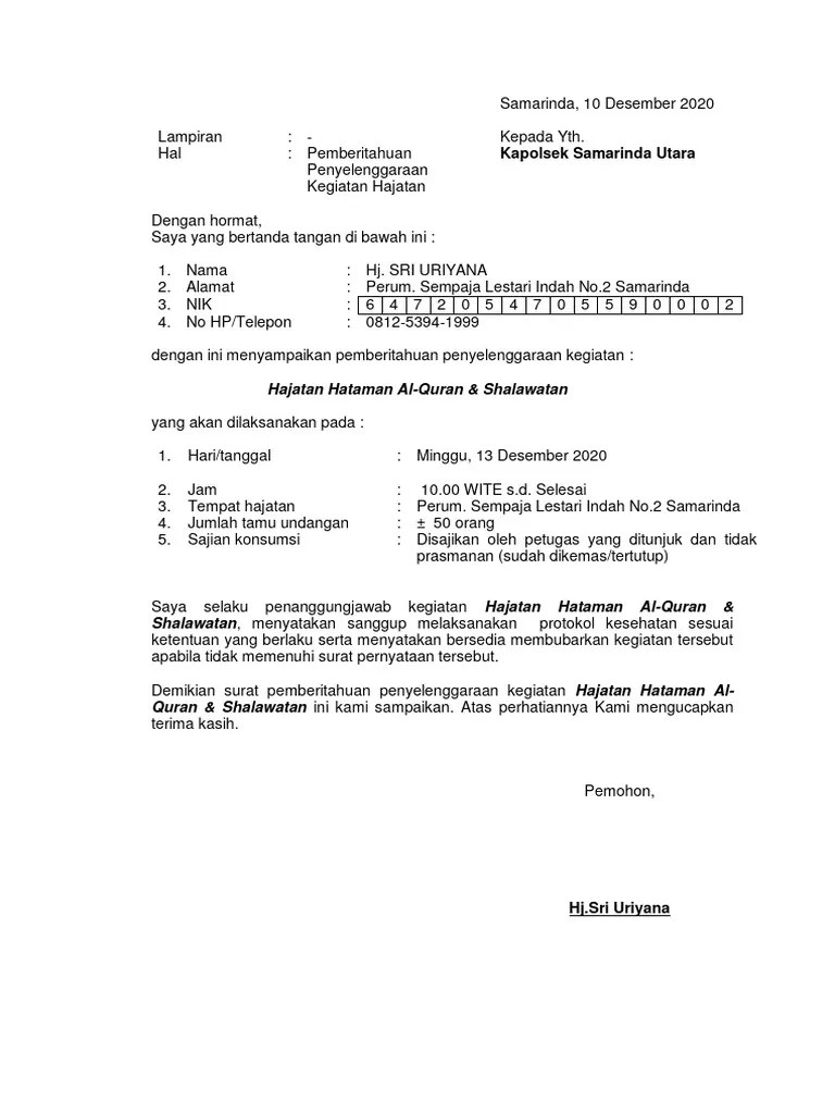 Surat Pemberitahuan Kegiatan | PDF