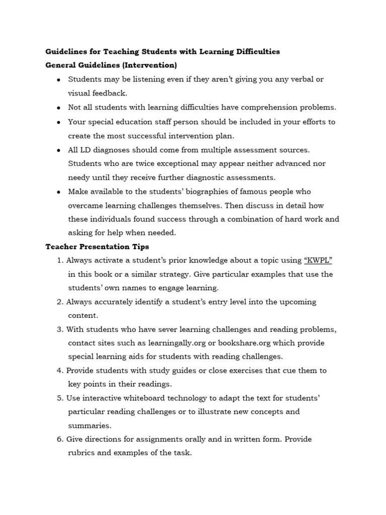Guidelines For Teaching Students With Learning Difficulties | PDF