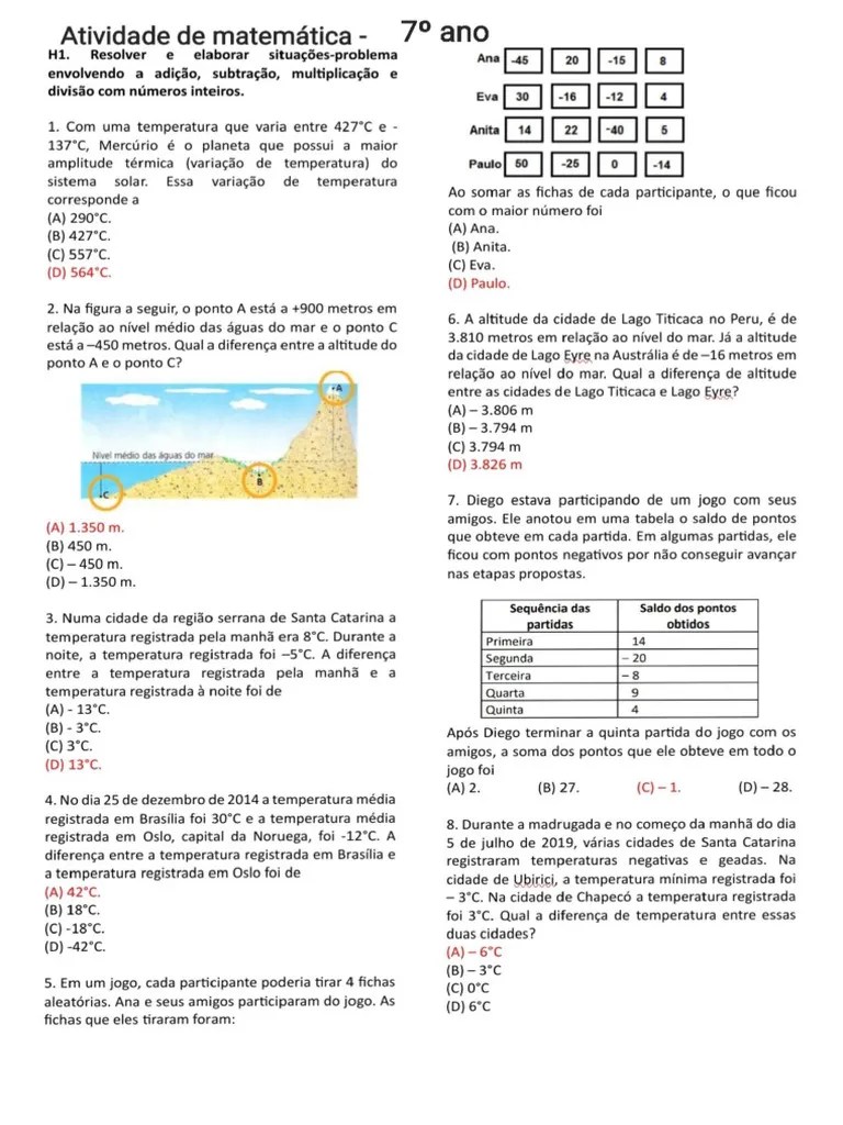 Atividade De Matemática 7º Ano | PDF