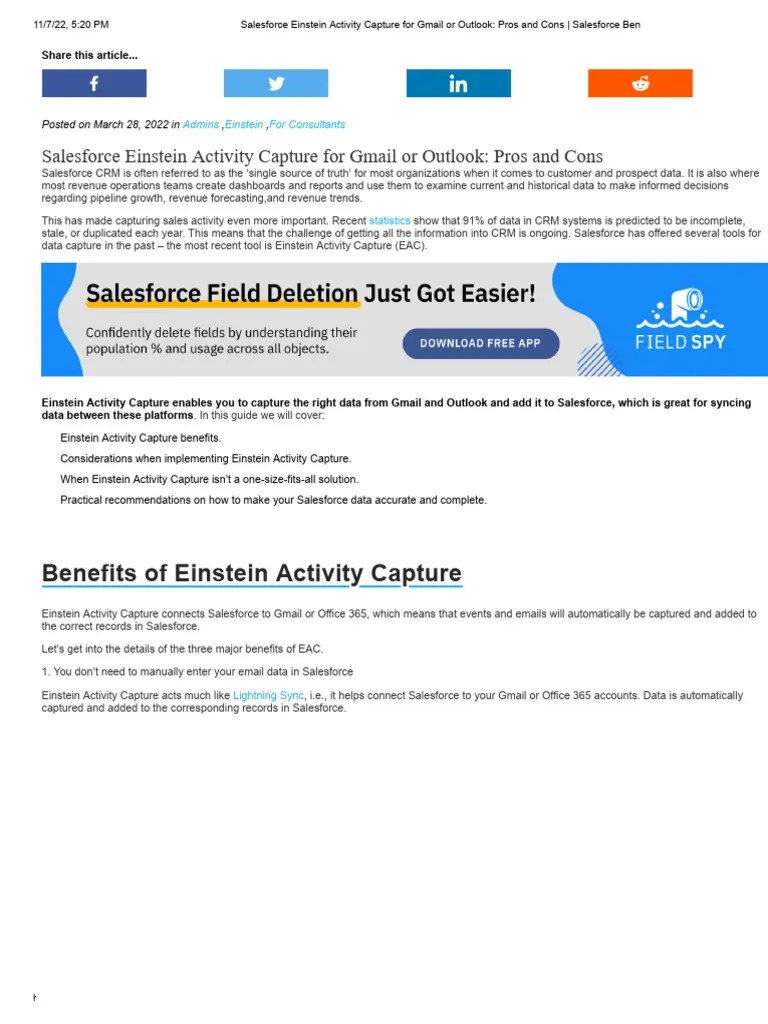 Salesforce Einstein Activity Capture For Gmail Or Outlook_ Pros And Cons _ Salesforce Ben | PDF ...