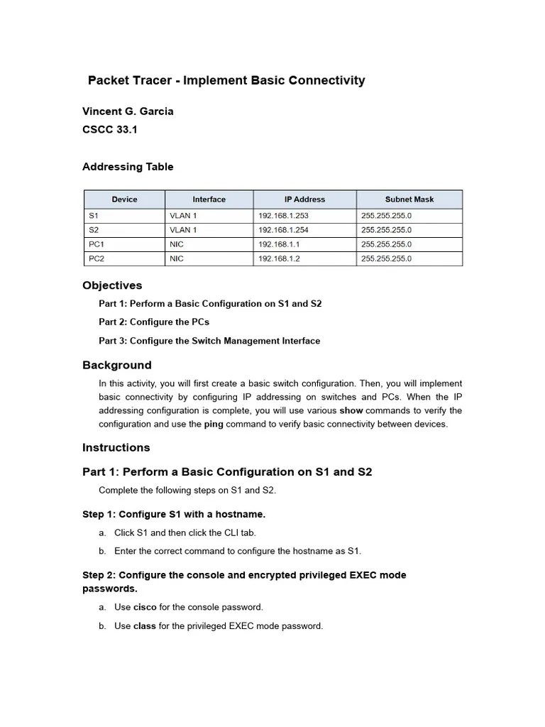 Packet Tracer - Implement Basic Connectivyt | PDF | Ip Address ...