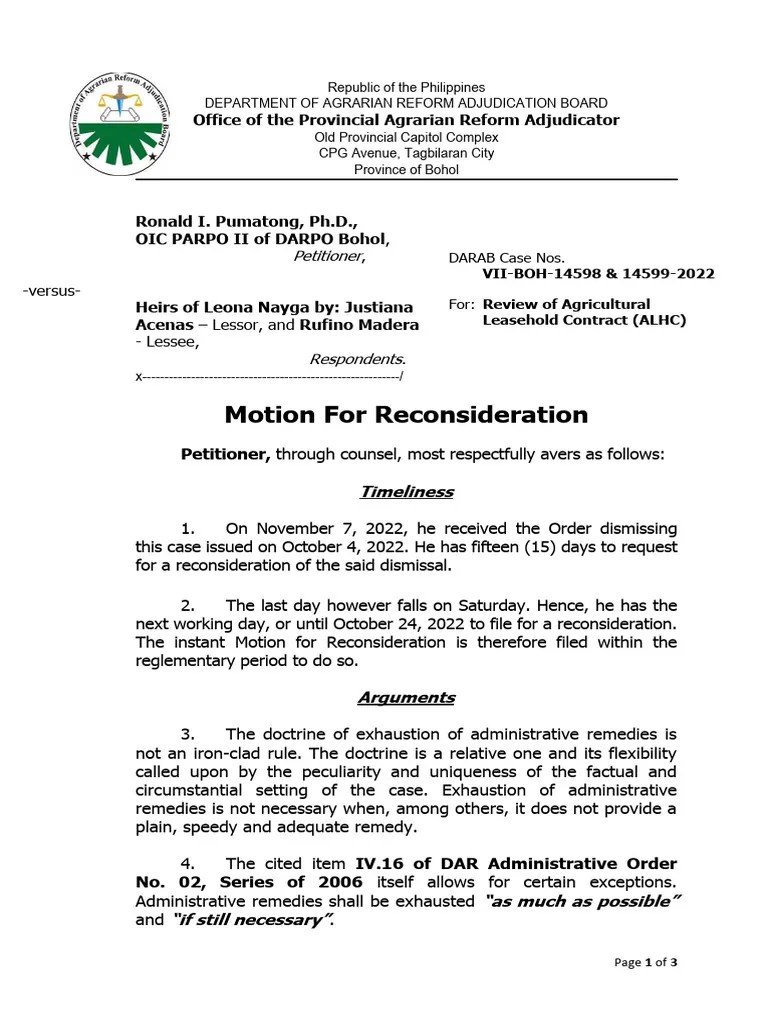 REVISED Template For Motion For Reconsideration Of Dismissed Case | PDF ...