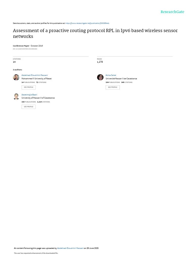 Assessment Of A Proactive Routing Protocol RPL In IpV6 Based WSN | PDF | Routing | Computer Network