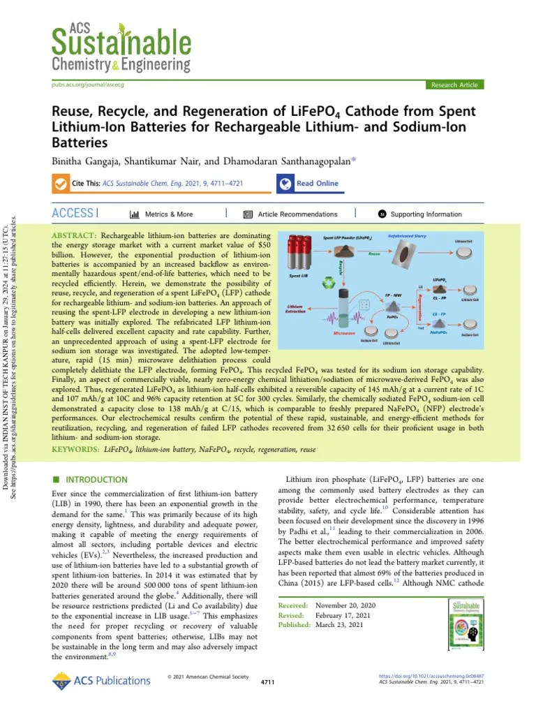 Gangaja Et Al 2021 Reuse Recycle And Regeneration Of Lifepo4 Cathode ...