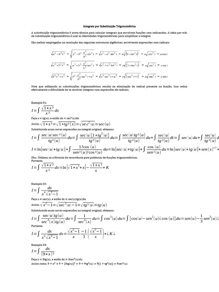 Integrais Por Substituição Trigonométrica | PDF | Integrante | Analise ...