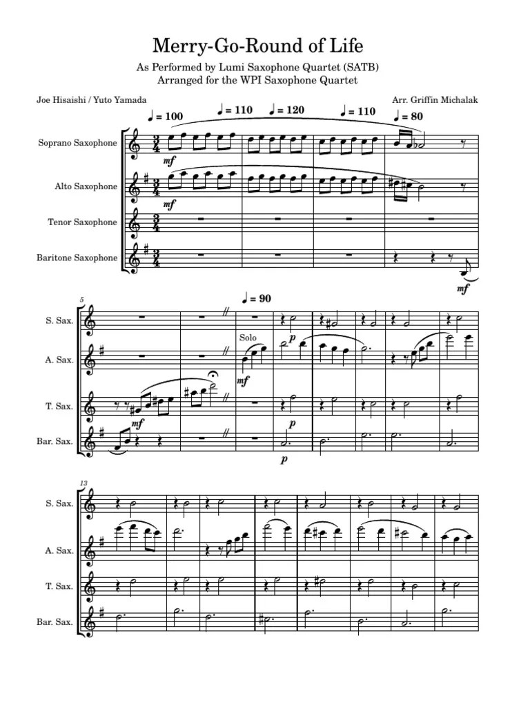 Merry-Go-Round Of Life Joe Hisaishi For SATB Saxophone Quartet | PDF | Quartet | European ...