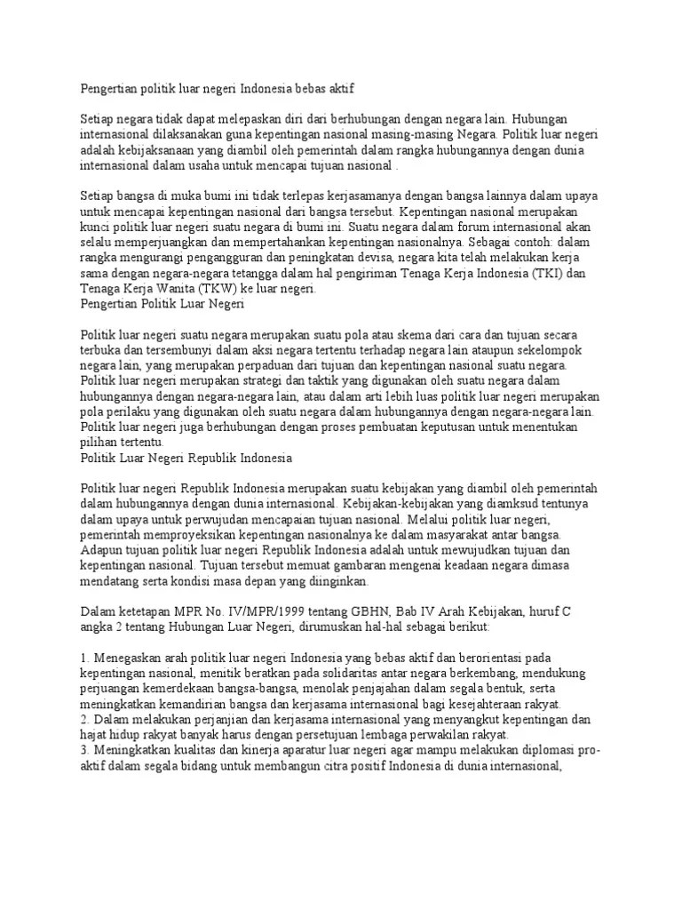 Pengertian Politik Luar Negeri Indonesia Bebas Aktif Dan Sumpah Pemuda | PDF