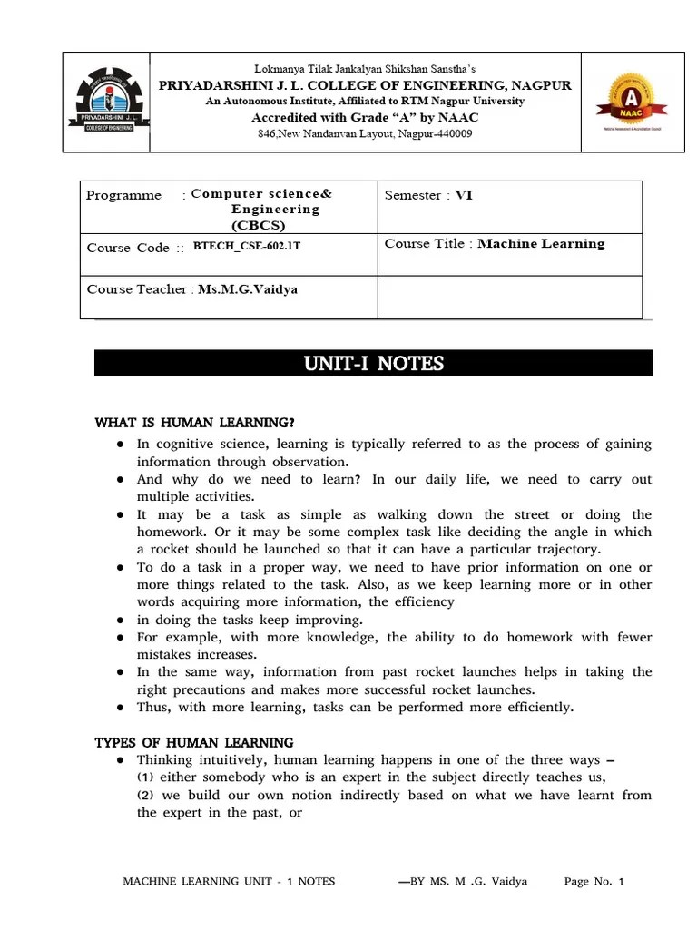 ML Unit-1 Notes | PDF | Machine Learning