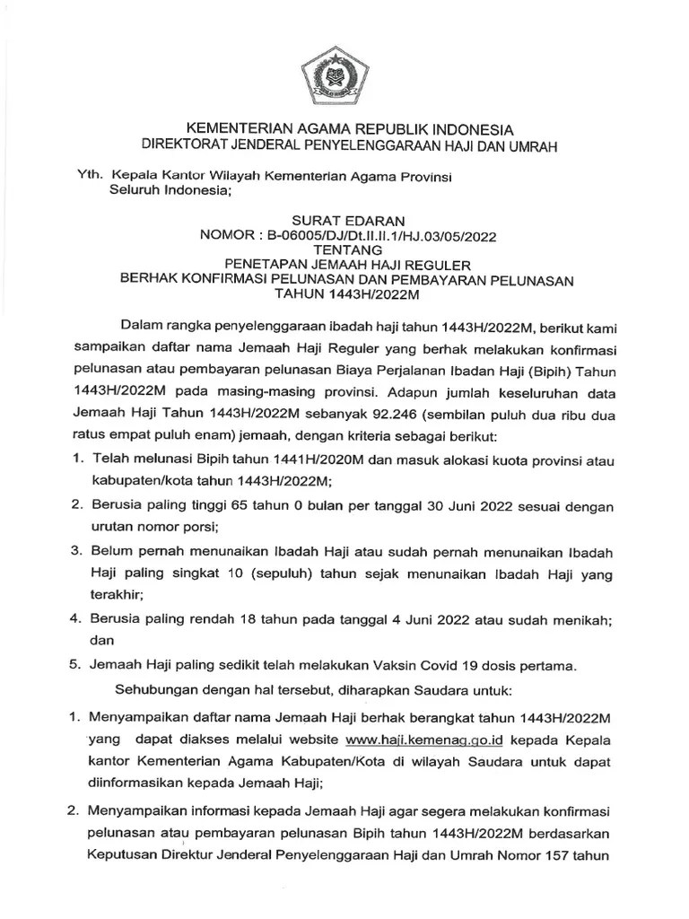 Surat Edaran Penetapan Jemaah Haji Berhak Berangkat | PDF