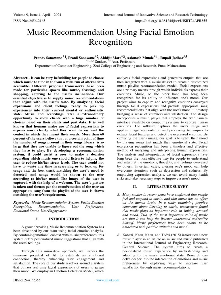 Music Recommendation Using Facial Emotion Recognition | PDF | Emotions | Psychology