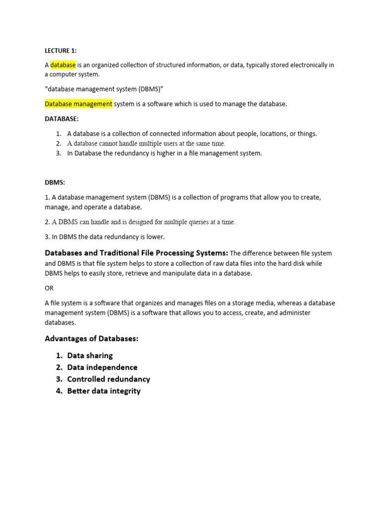 LECTURE 1 Data Base Menagement | PDF | Databases | Computer File