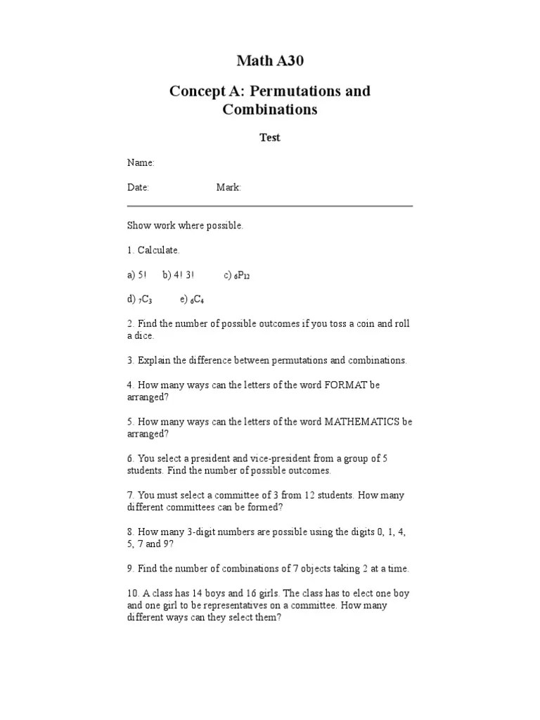 To ensure that a and n are together, we gather them together to form one block. Permutation And Combinations Test 15 Problems And Answers Pdf Permutation Teaching Mathematics