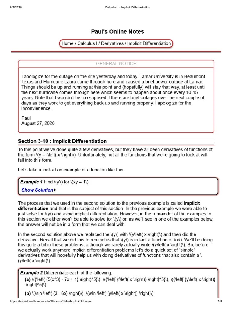 Week 011 Calculus I - Implicit Differentiation | PDF | Derivative ...