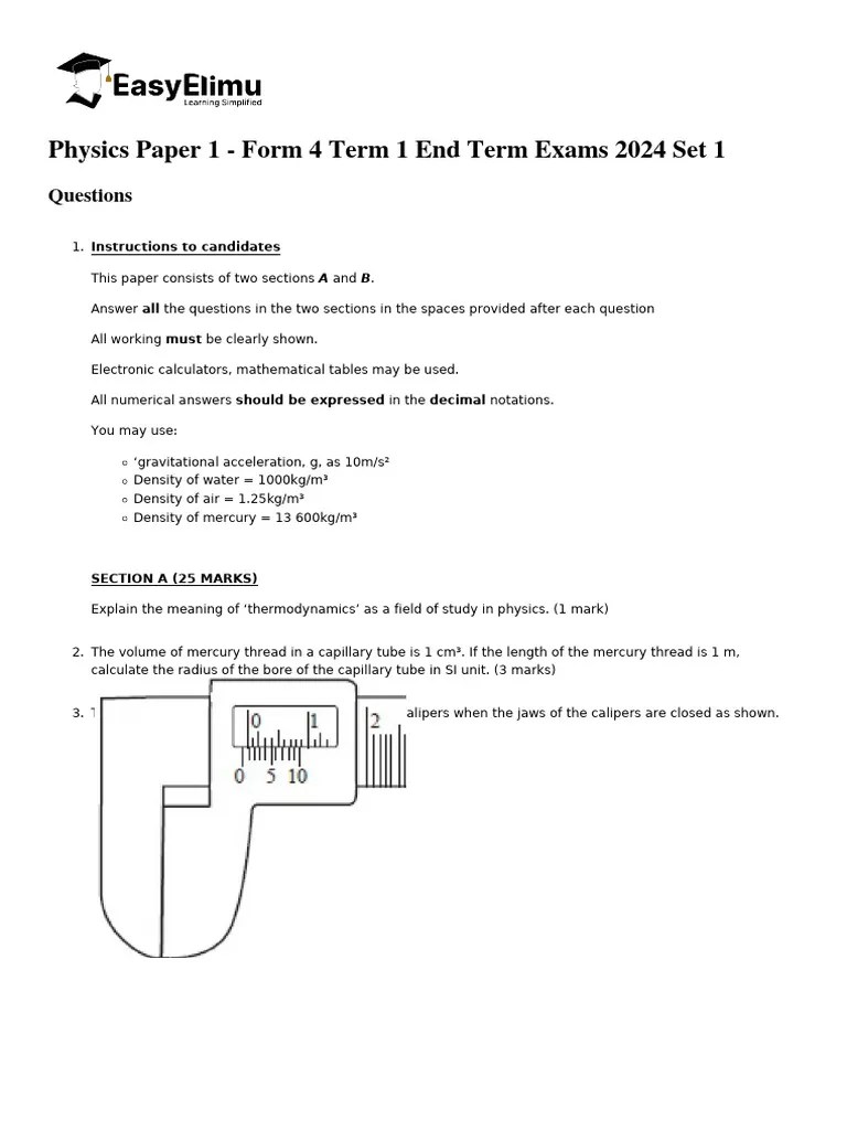 Physics Paper 1 - Form 4 Term 1 End Term Exams 2024 Set 1-271 | PDF ...